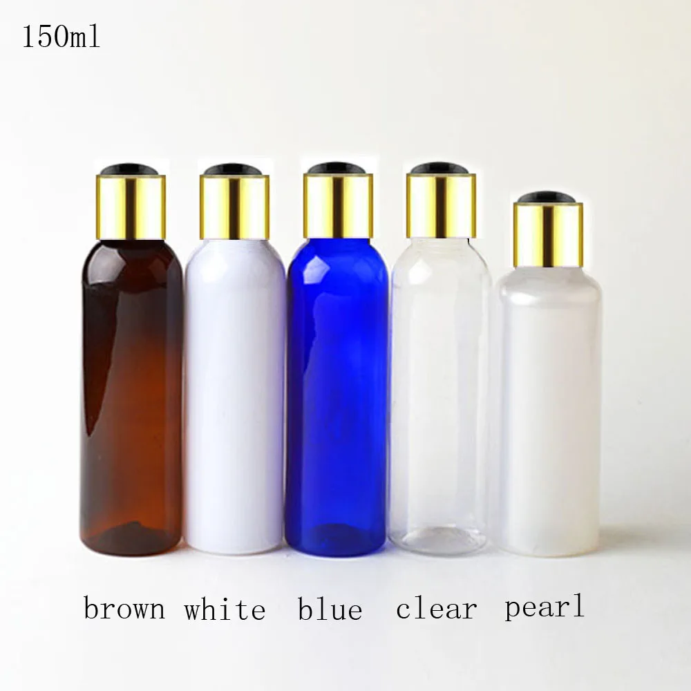 50pcs 150ml gold collar Disc top Cap white bottle Empty Plastic Bottle PET Lotion plastic empty bottles for Shampoo gel | Красота и