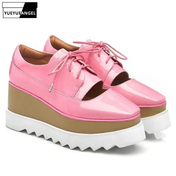 2019 Spring New Women Genuine Leather Wedges Thick Platform Shoes Hollow Out Lace Up Patent Leather Pink Casual Streetwear Shoes
2019 Spring New Women Genuine Leather Wedges Thick Platform Shoes Hollow Out Lace Up Patent Leather Pink Casual Streetwear Shoes