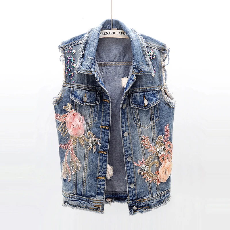 Beading Flower Hole Denim Vest Women Waistcoat Sleeveless Jacket Coat Summer New Large size Slim Casual Women Short Jeans Vest
Beading Flower Hole Denim Vest Women Waistcoat Sleeveless Jacket Coat Summer New Large size Slim Casual Women Short Jeans Vest