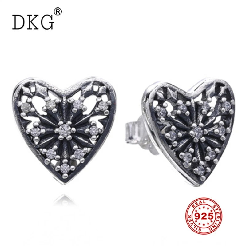 100% 925 Sterling Silver Hearts DKG Stud Earring With Clear Cubic Zirconia For Women Gift Jewelry