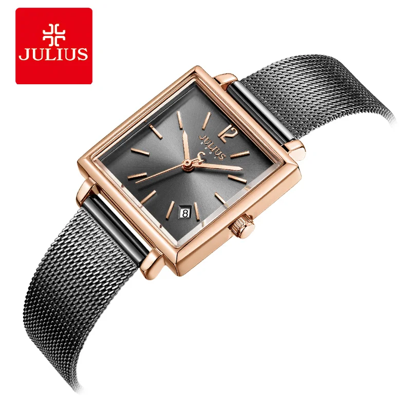 Julius watch gray high quality stainless steel watch with calendar net belt fashion women's square watch quartz watch JA-1083
Julius watch gray high quality stainless steel watch with calendar net belt fashion women's square watch quartz watch JA-1083