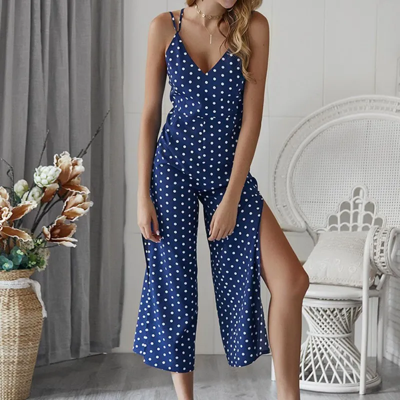 Summer Women Fashion Dot Print Sling Jumpsuit Romper V Collar Straps Vintage Backless Loose Chiffon Jumpsuits New
Summer Women Fashion Dot Print Sling Jumpsuit Romper V Collar Straps Vintage Backless Loose Chiffon Jumpsuits New