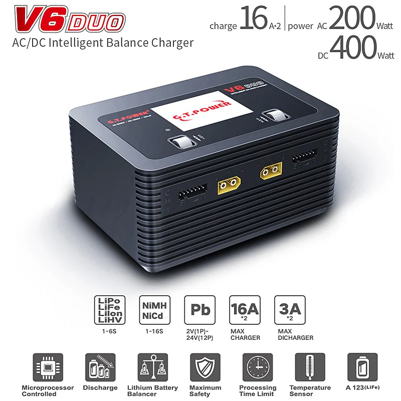 FATJAY G.T.Power V6 DUO AC 200W DC 400W 2X16A Battery Charger Discharger for 1-6S Lipo Battery for RC hobby
FATJAY G.T.Power V6 DUO AC 200W DC 400W 2X16A Battery Charger Discharger for 1-6S Lipo Battery for RC hobby