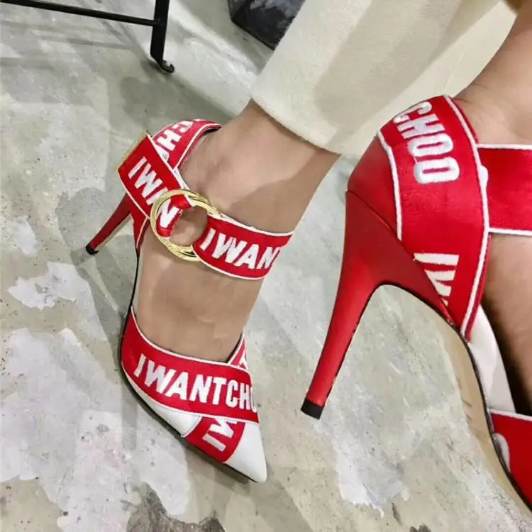 Pointed Toe Letters Printed Straps Female High Heels Ladies Cross Strap Metal Ring Decor Stiletto Summer Leather Black Red Pumps
Pointed Toe Letters Printed Straps Female High Heels Ladies Cross Strap Metal Ring Decor Stiletto Summer Leather Black Red Pumps