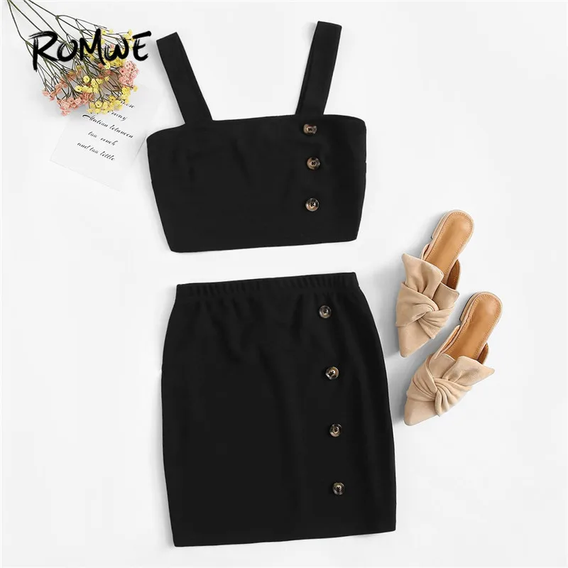 

ROMWE Black Wide Straps Crop Tops With Mini Skirt Women Sets Summer Buttoned Detail Vest And Skirts Solid Two-Piece Co-ords