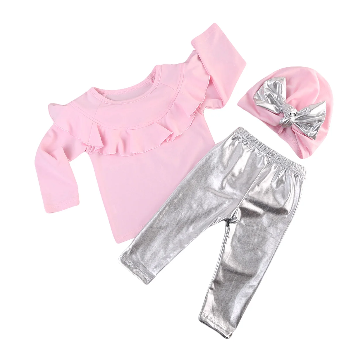 Cute Pink Baby Girl Ruffles T shirt Tops Silver PU Leggings Pants Hats Outfits Set 3pcs Girls Summer Autumn Clothes 0-5Y
Cute Pink Baby Girl Ruffles T shirt Tops Silver PU Leggings Pants Hats Outfits Set 3pcs Girls Summer Autumn Clothes 0-5Y
