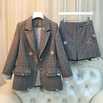 2018 Time-limited Blends Full Single Breasted V-neck New Woman Suit Retro Plaid Embroidery Flower Shorts Two Sets Of Women
2018 Time-limited Blends Full Single Breasted V-neck New Woman Suit Retro Plaid Embroidery Flower Shorts Two Sets Of Women