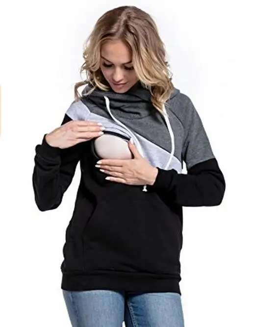 Plus Size Pregnancy Nursing Long Sleeves Maternity Clothes Hooded Breastfeeding Tops Patchwork T-shirt for Pregnant Women (4)