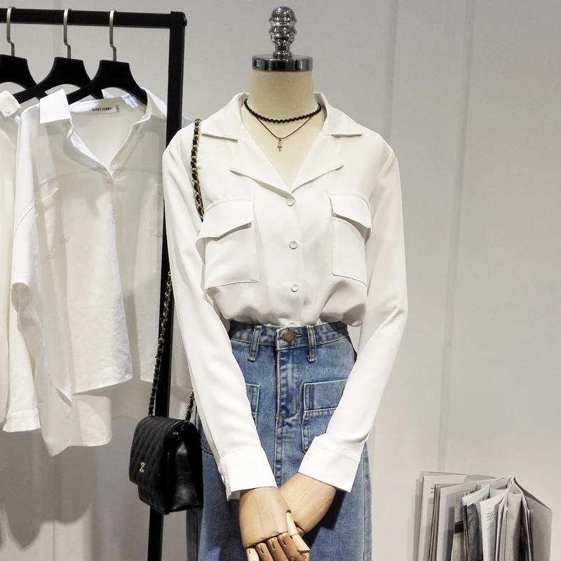 2019 summer new chiffon pockets long-sleeved white women blouse and shirts office lady elegant shirts tops
2019 summer new chiffon pockets long-sleeved white women blouse and shirts office lady elegant shirts tops