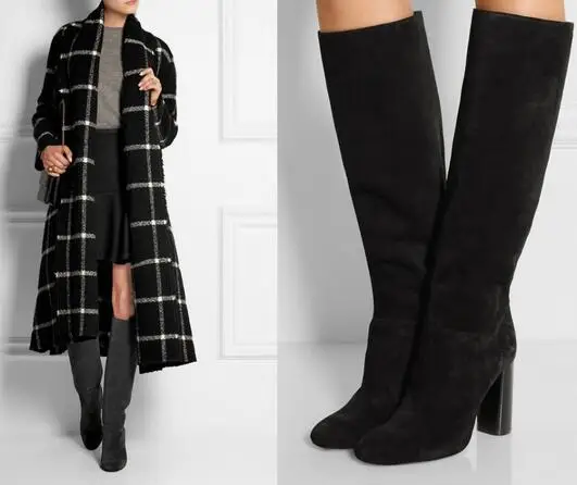 

Fashion Women Black Grey Suede Chunky Heel Knee High Winter Boots Round Toe Thick Heel Women Long Boots High Quality