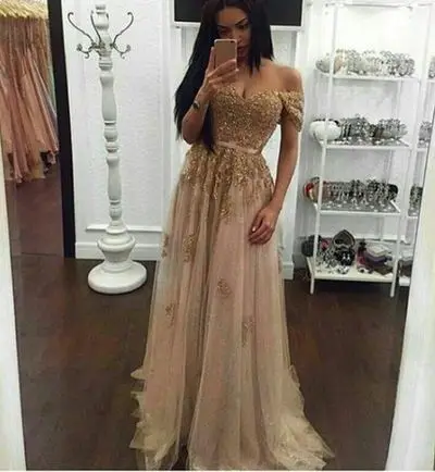 Elegant Off Shoulder Gold Lace Evening Dresses 2017 New Arrival Champagne Beaded A-line Dubai Robe De Soiree
Elegant Off Shoulder Gold Lace Evening Dresses 2017 New Arrival Champagne Beaded A-line Dubai Robe De Soiree