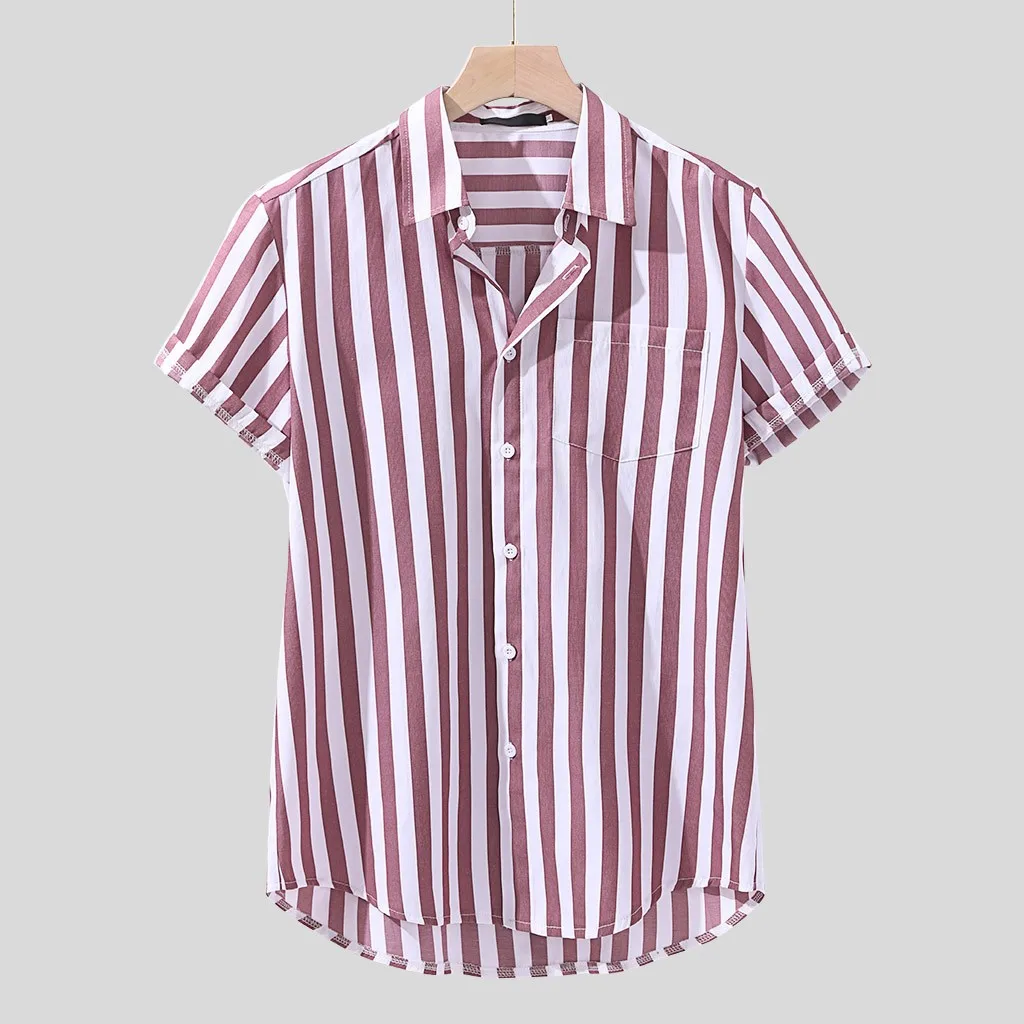 Shirt Men Chest Pocket Short Sleeve Round Hem Summer Shirts Turn-down Collar Striped Print Linen Blouse Men Shirt camisas hombre
Shirt Men Chest Pocket Short Sleeve Round Hem Summer Shirts Turn-down Collar Striped Print Linen Blouse Men Shirt camisas hombre