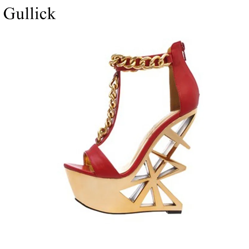 

Gullick Cutout Gold Metallic Heels Woman Sandal Strange Style T-bar Strap Wedge Sandal Chains Decoration Gladiator Sandals