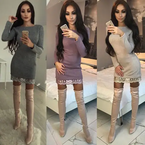 New Women Autumn Winter Lace Round Neck Long Sleeve Knit Bodycon Short Mini Dress Solid Knitwear
New Women Autumn Winter Lace Round Neck Long Sleeve Knit Bodycon Short Mini Dress Solid Knitwear
