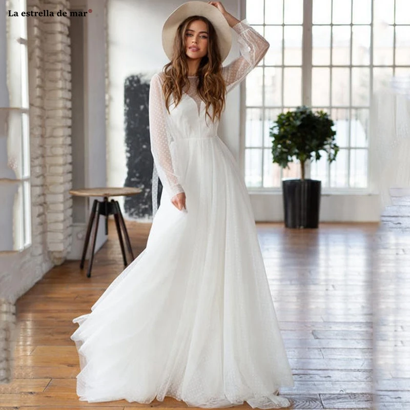 Vestido de novia manga larga Новое Кружевное фатиновое платье с круглым вырезом