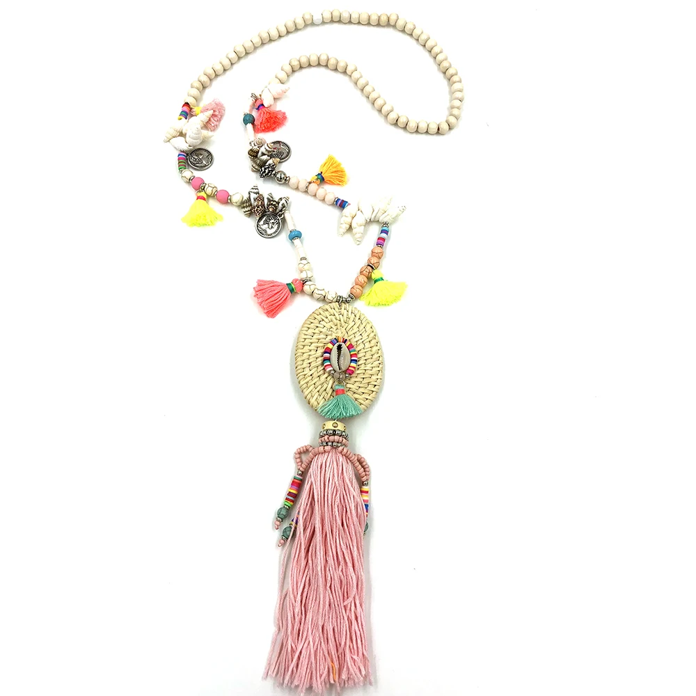 

Handmade weaved pendant Necklace Boho colorful shell beaded chain unique Bohemia long fringe tassel Necklaces for women summer