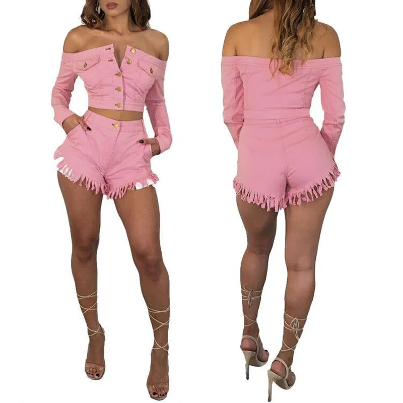 Autumn Women Sexy Pink Denim Two Pieces Set Tassel Jeans Shorts + Long Sleeve Cold Shoulder Button Denim Jacket Coat Outfits New
Autumn Women Sexy Pink Denim Two Pieces Set Tassel Jeans Shorts + Long Sleeve Cold Shoulder Button Denim Jacket Coat Outfits New