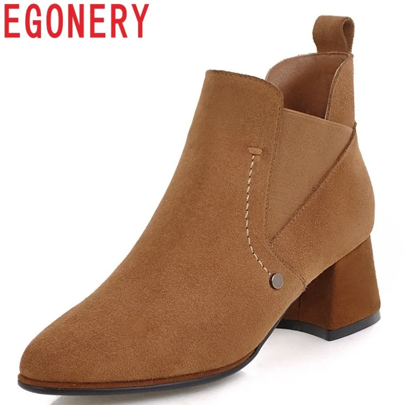 

EGONERY women shoes 2018 newest fashion sexy square toe med hoof heels platform cow suede elastic band ankle boots size 34-43