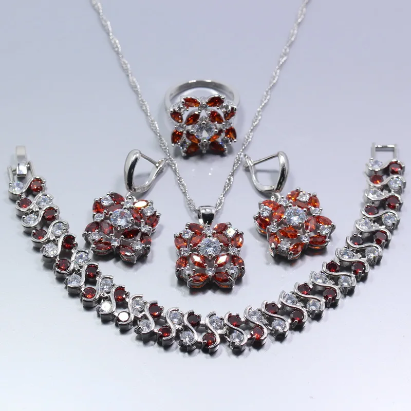Red Garnet White Zircon 925 Silver Flower 4PCS Jewelry Set Women Wedding Ring Size 6/7/8/9/10 Bracelet 18CM Free Gift Z91
Red Garnet White Zircon 925 Silver Flower 4PCS Jewelry Set Women Wedding Ring Size 6/7/8/9/10 Bracelet 18CM Free Gift Z91