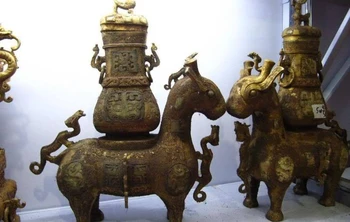 22"Chinese Royal Old Bronze Copper Gild inlay Jade sheep beast "Zun" Vase Pair
22"Chinese Royal Old Bronze Copper Gild inlay Jade sheep beast "Zun" Vase Pair