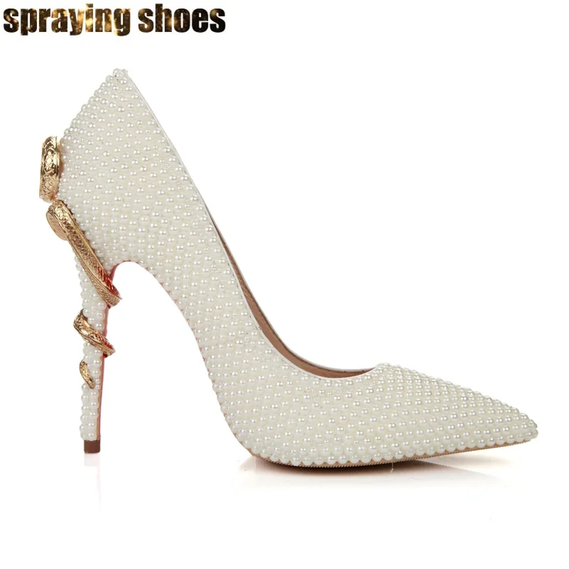 Elegant Beige Pearls Heels Bridal Wedding Shoes Snake Crystal High Heels Women Pointy Toe Stilettos Pumps Sexy Lady Party Shoes 
Elegant Beige Pearls Heels Bridal Wedding Shoes Snake Crystal High Heels Women Pointy Toe Stilettos Pumps Sexy Lady Party Shoes