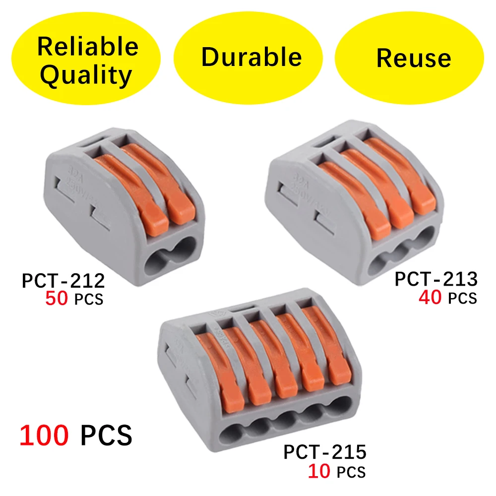 (100 PCS ) PCT-212 213 215 50pcs 2P + 40pcs 3P + 10pcs 5P Universal Compact Wire Connector Conductor Terminal Block
(100 PCS ) PCT-212 213 215 50pcs 2P + 40pcs 3P + 10pcs 5P Universal Compact Wire Connector Conductor Terminal Block
