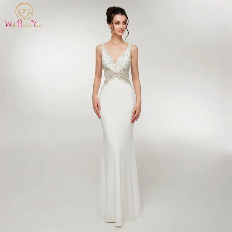 Mermaid Women Evening Dresses 2019 Ivory Elegant V Neck Beaded Elastic Jersey Crystals Sleeveless Prom Gown vestido de festa
Mermaid Women Evening Dresses 2019 Ivory Elegant V Neck Beaded Elastic Jersey Crystals Sleeveless Prom Gown vestido de festa