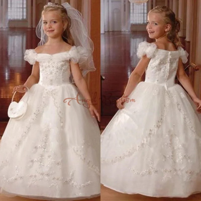 

2019 New Puffy White/Ivory Ball Gown Beads Sheer Lace Flower Girl Dresses For Wedding kid children holy first communion dresses