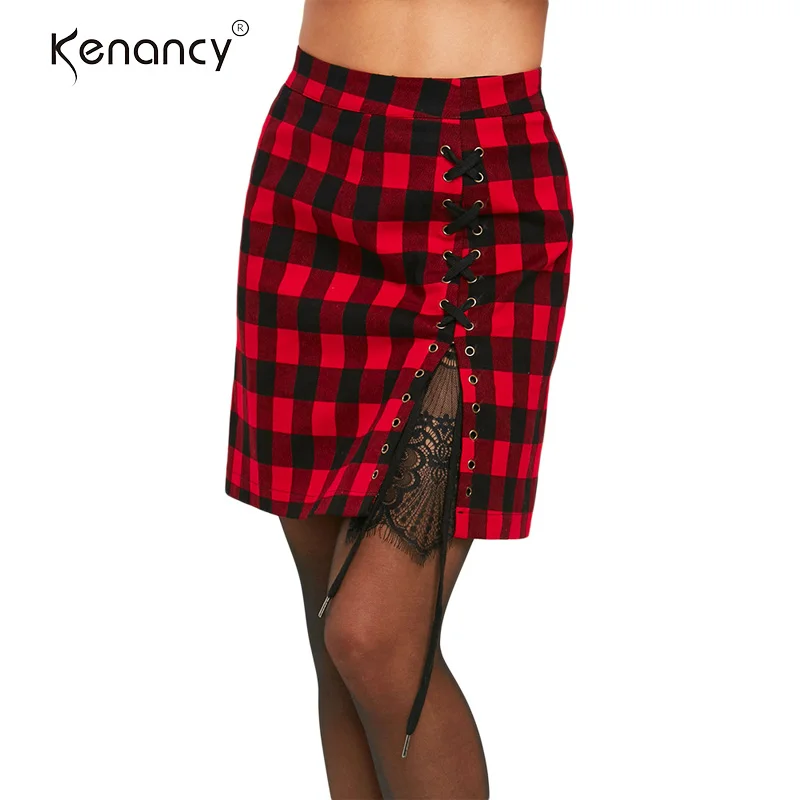 

Kenancy Lady Lace lattice skirt High Plaid High Waist Criss Cross Tartan Skirt zipper closure Panel Tartan Skirt