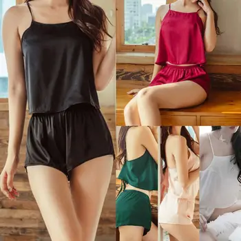 Womens Imitation Silk Sexy Backless Summer Pajamas Set Solid Color Crop Top Camisole Wide Leg Shorts Sleepwear Sling Loungewear
Womens Imitation Silk Sexy Backless Summer Pajamas Set Solid Color Crop Top Camisole Wide Leg Shorts Sleepwear Sling Loungewear