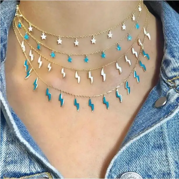 2019 new arrived Blue Enamel Gold lightning Bolt dangle charm choker necklace 925 sterling silver summer fashion jewelry
2019 new arrived Blue Enamel Gold lightning Bolt dangle charm choker necklace 925 sterling silver summer fashion jewelry