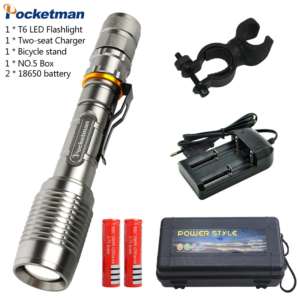 

8000LM led xml- T6 Zoom Flashlight Torch Zoomable Bike Lamp Light Lampe Torches Lantern + 18650 Battery + Charger +Bike clip