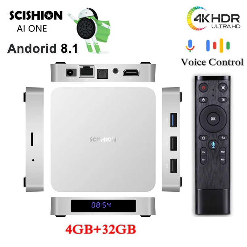 SCISHION AI ONE tv box android 8.1 smart 4K Voice Control Rockchip 3328 RAM 4GB ROM 32GB HD DDR3 2.4G WiFi BT4.0 Media Player
SCISHION AI ONE tv box android 8.1 smart 4K Voice Control Rockchip 3328 RAM 4GB ROM 32GB HD DDR3 2.4G WiFi BT4.0 Media Player