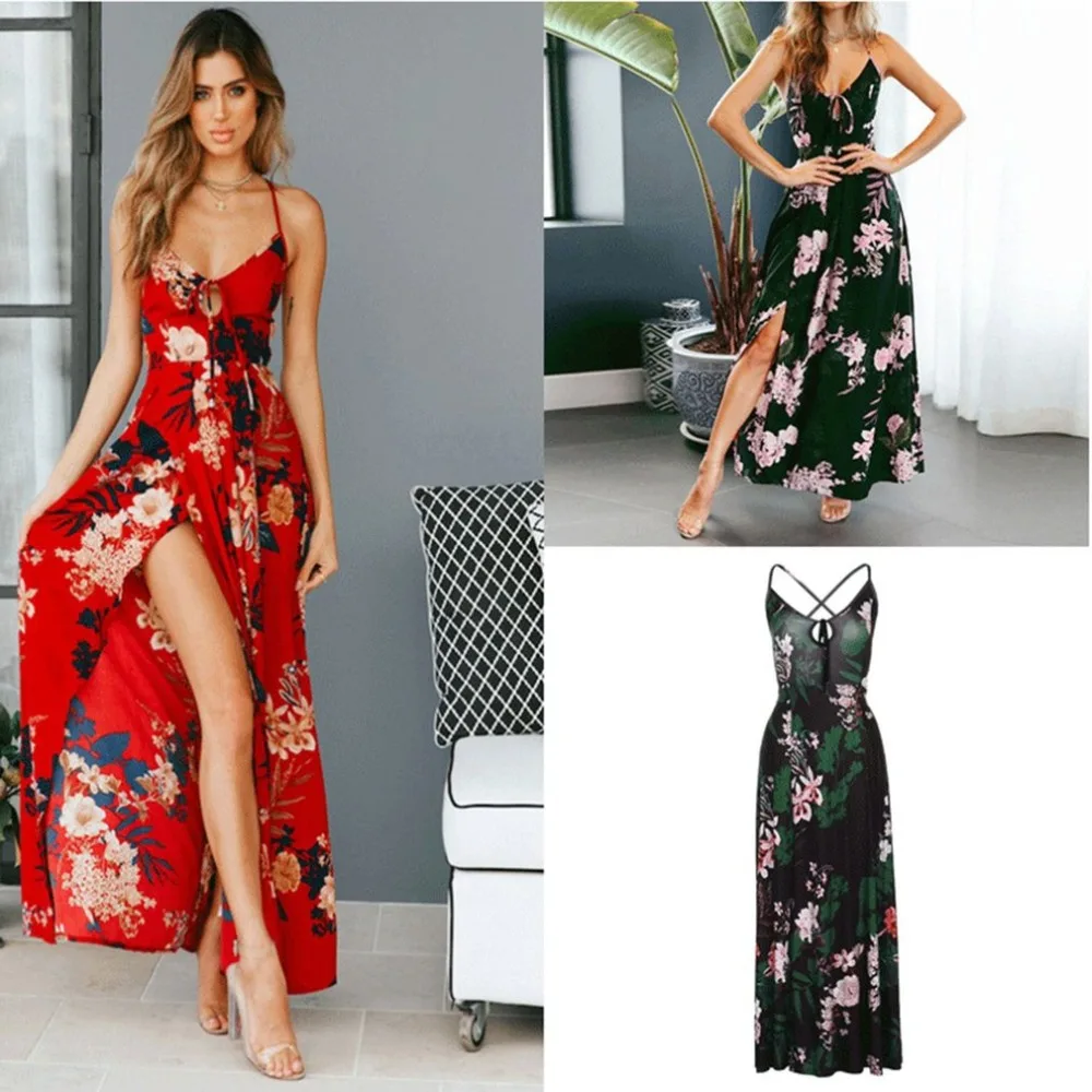 Discount Red Floral Print Backless Summer Dress Women Deep V Neck