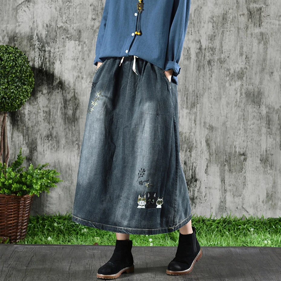 Women Denim Skirt Sweet Cute Retro Vintage Fashion Long Loose Elastic Waist Skirt Embroidery Three Cats Cartoon AZ39101824
Women Denim Skirt Sweet Cute Retro Vintage Fashion Long Loose Elastic Waist Skirt Embroidery Three Cats Cartoon AZ39101824
