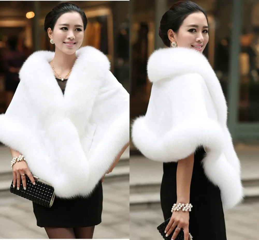 

Big Bridal Faux Fur Wraps Winter Wedding Coat Warm shawls Outerwear White Black Blue Shrug Women Prom size 165*55 cm