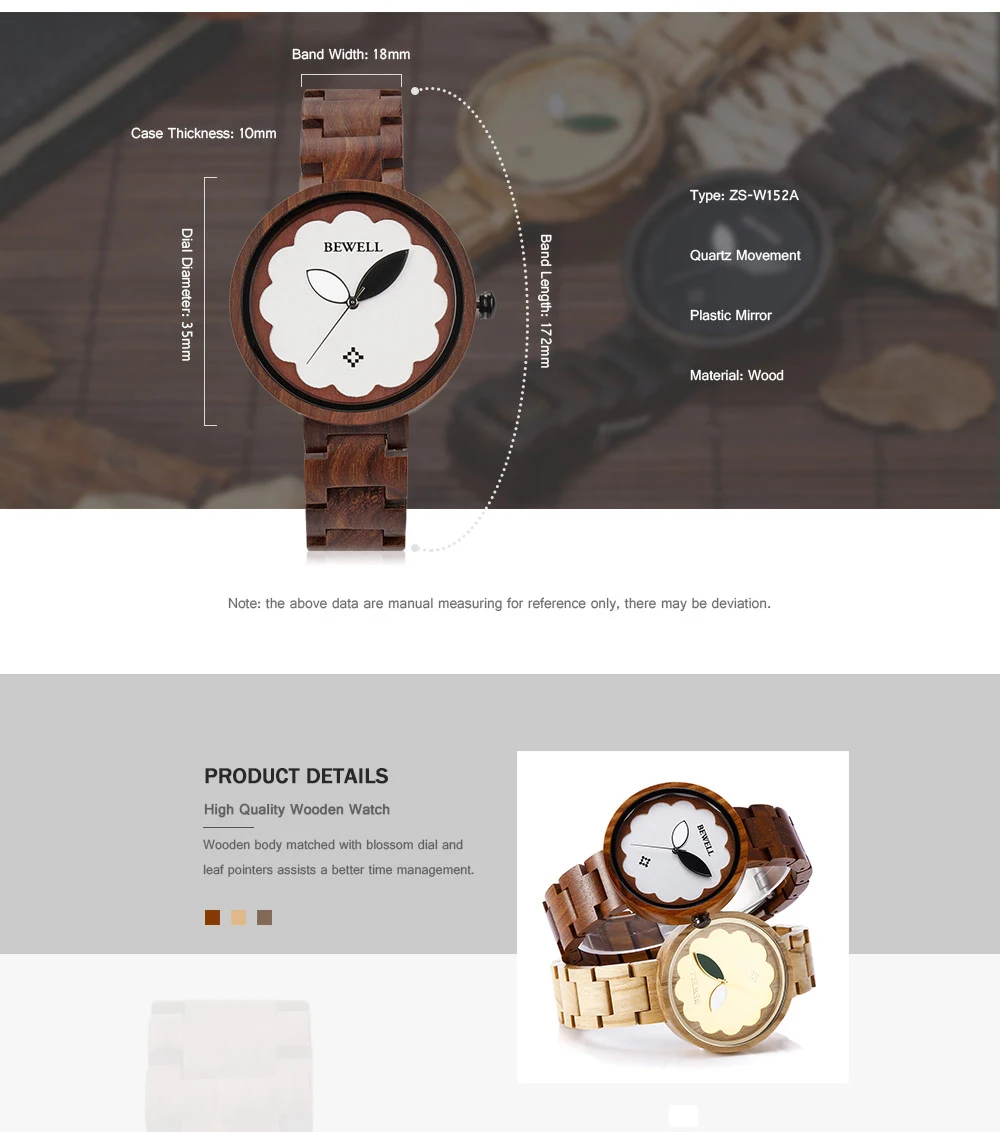 BEWELL ZS - W152A Female Wooden Watch Bloom Dial Leaf Luminous Pointer Natural Wristwatch for Women