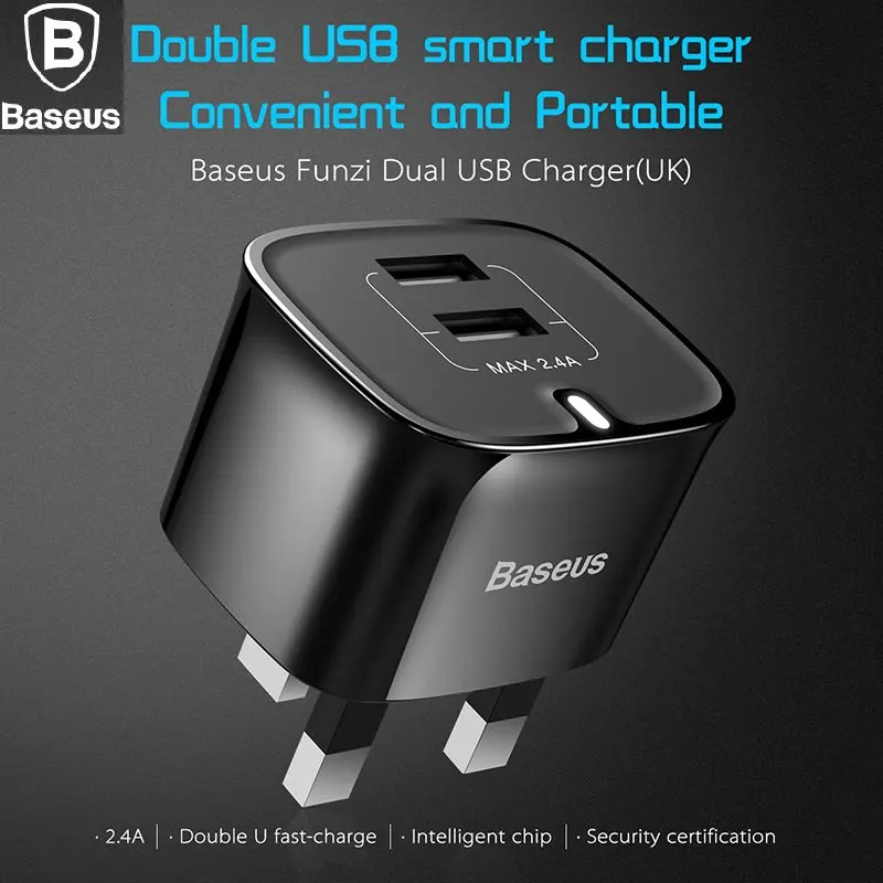 

BASEUS Brand Intelligent UK 2.4A Dual USB AC Wall Charger Smart Adapter Plug For iPhone / Samsung Universal Cell Phone & Tablet