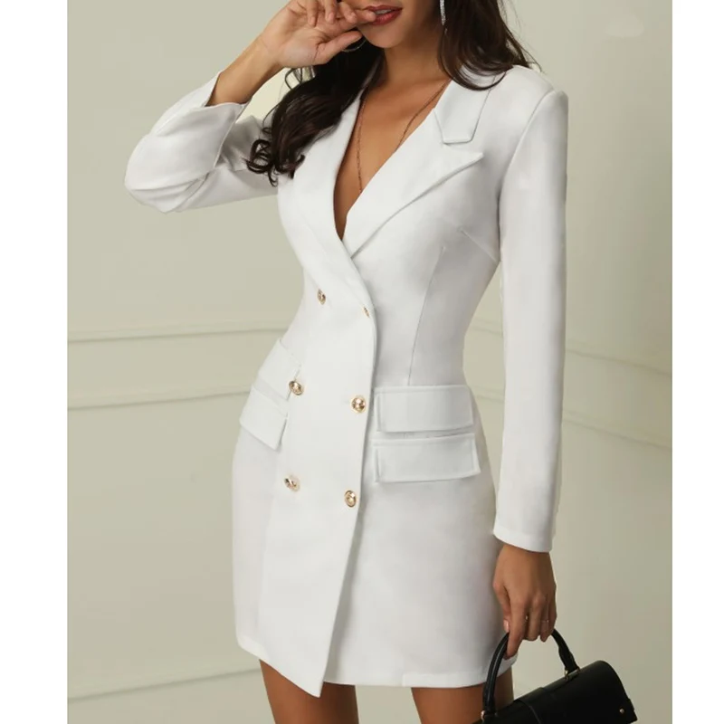 Long Double breasted white blazer women Elegant fashion Notched England style blezer femenina 2019 Autumn casual femme outwears 
Long Double breasted white blazer women Elegant fashion Notched England style blezer femenina 2019 Autumn casual femme outwears