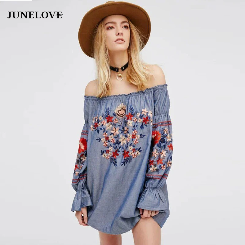 JuneLove 2019 women spring chic slash neck embroidery dress off shoulder long sleeve female dress fashion loose straight dress
JuneLove 2019 women spring chic slash neck embroidery dress off shoulder long sleeve female dress fashion loose straight dress