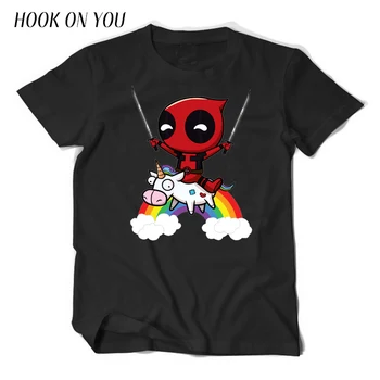 2017 Summer Fashion Men T-Shirt Funny Cute Deadpool Minion Riding A Unicorn Rainbow T Shirt 100%Cotton Printed Cosplay Tops Tees