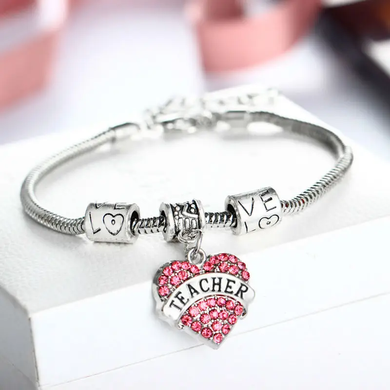 Pink Crystal Heart Teacher Bracelet Chain Love Beads Teacher's Day Gifts For Women Men Jewelry Charm | Украшения и аксессуары