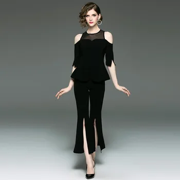 Pant Suits Women Spring Summer New Fashion Mesh Patchwork Off the shoulder Tops + Split Flare Pants Black 2 PCS Sets
Pant Suits Women Spring Summer New Fashion Mesh Patchwork Off the shoulder Tops + Split Flare Pants Black 2 PCS Sets