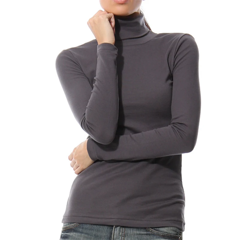 

KalvonFu Hot Sale Women Turtleneck T-shirts Long Sleeve High Neck Warm Basic Shirt Solid Color Cotton Design