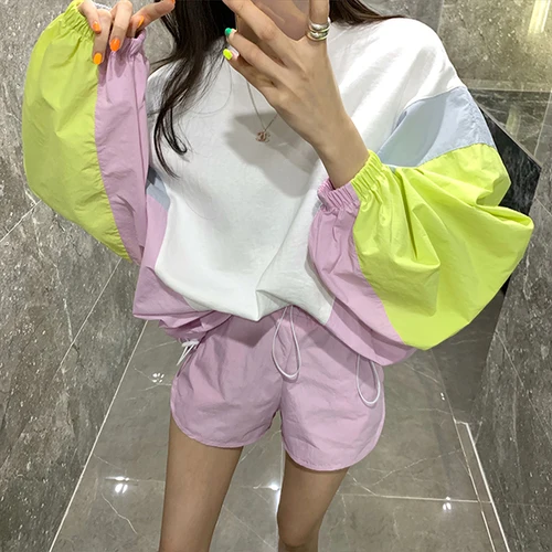 Sun Protection Outdoor Tracksuit Women Batwing Sleeve Casual Tops Elastic Waist Shorts Sport Suit Woman Stripe Patchwork 2 Set
Sun Protection Outdoor Tracksuit Women Batwing Sleeve Casual Tops Elastic Waist Shorts Sport Suit Woman Stripe Patchwork 2 Set