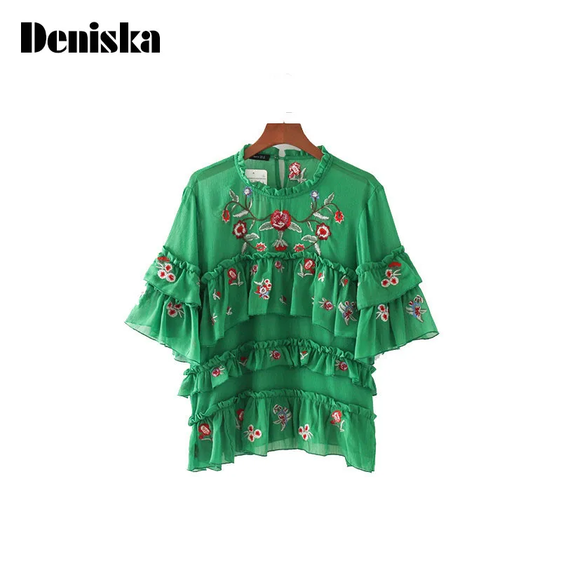 DENISKA Green Women Sweet Ruffles Floral Embroidery Chiffon Shirts Half Sleeve O Neck Blouse Ladies Casual Fashion Tops Blusas |