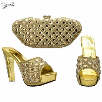 Charming evening party high heel shoes with purse bag with shinning stones 988-7 in gold, heel height 12CM
Charming evening party high heel shoes with purse bag with shinning stones 988-7 in gold, heel height 12CM