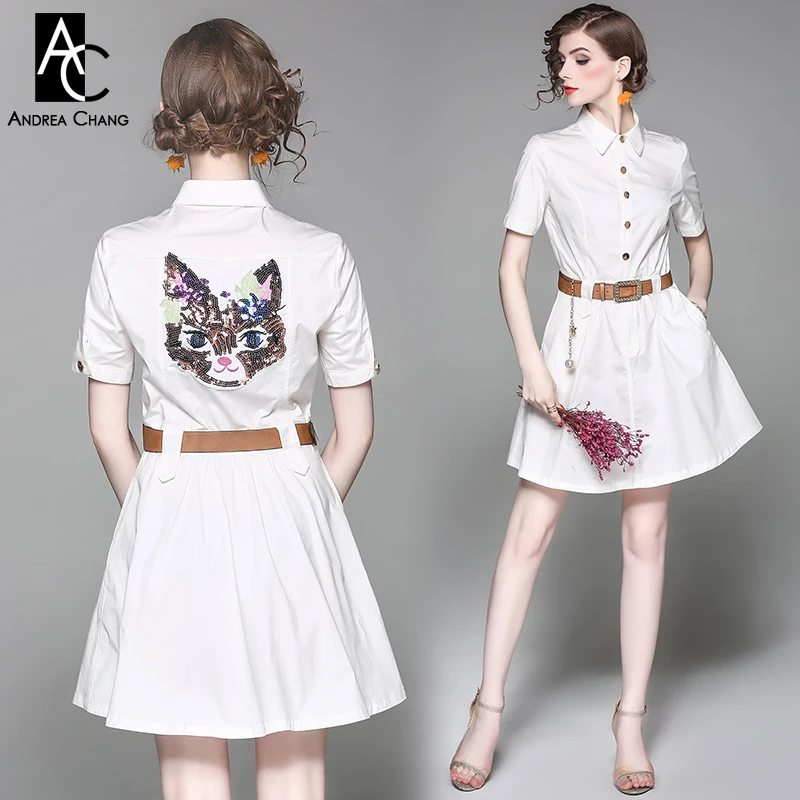 Image spring summer runway designer woman dress white cotton dress brown belt cartoon cat beading back cute fashion mini office dress