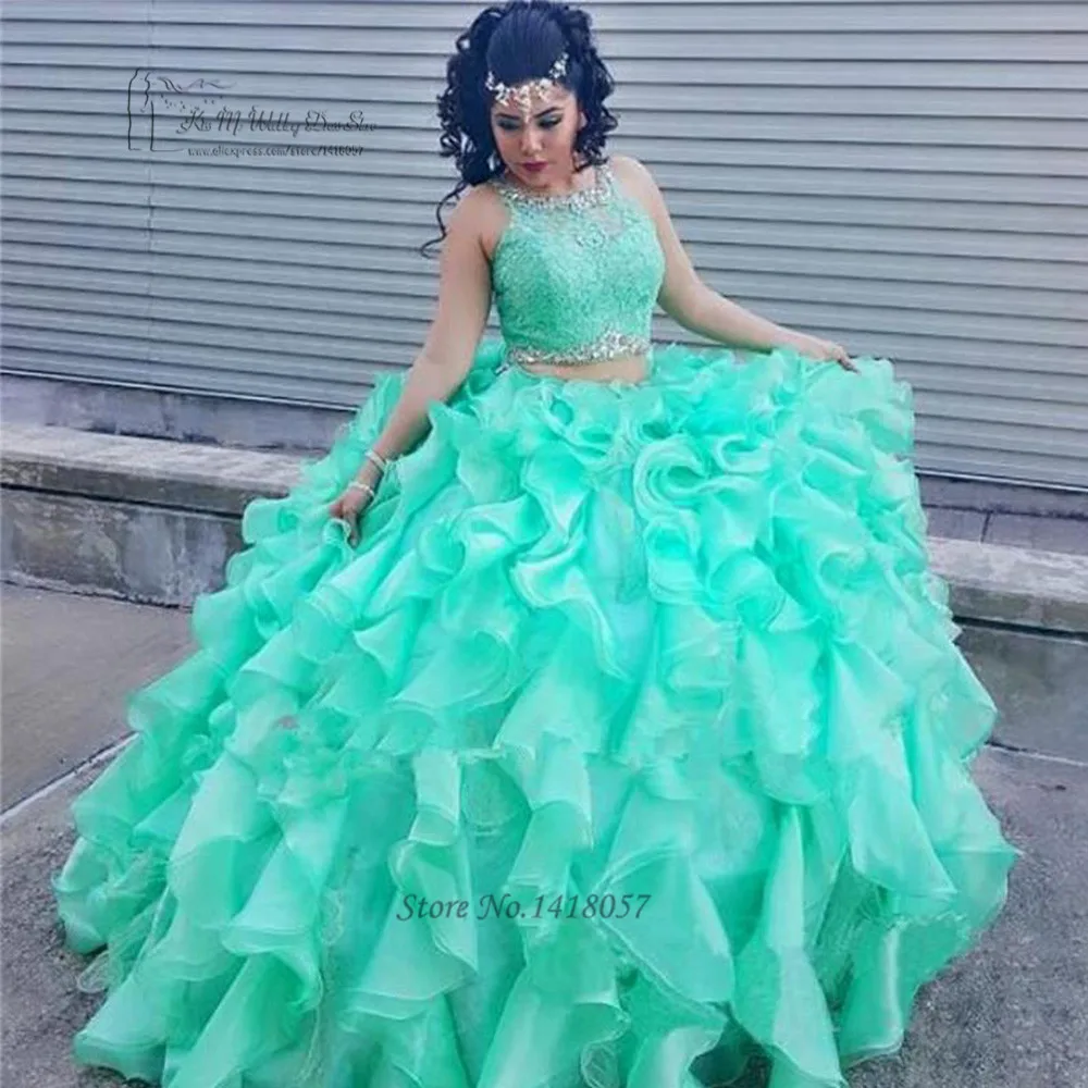 Бирюзовое бальное платье из 2 частей платья для Quinceanera с оборками кружевные