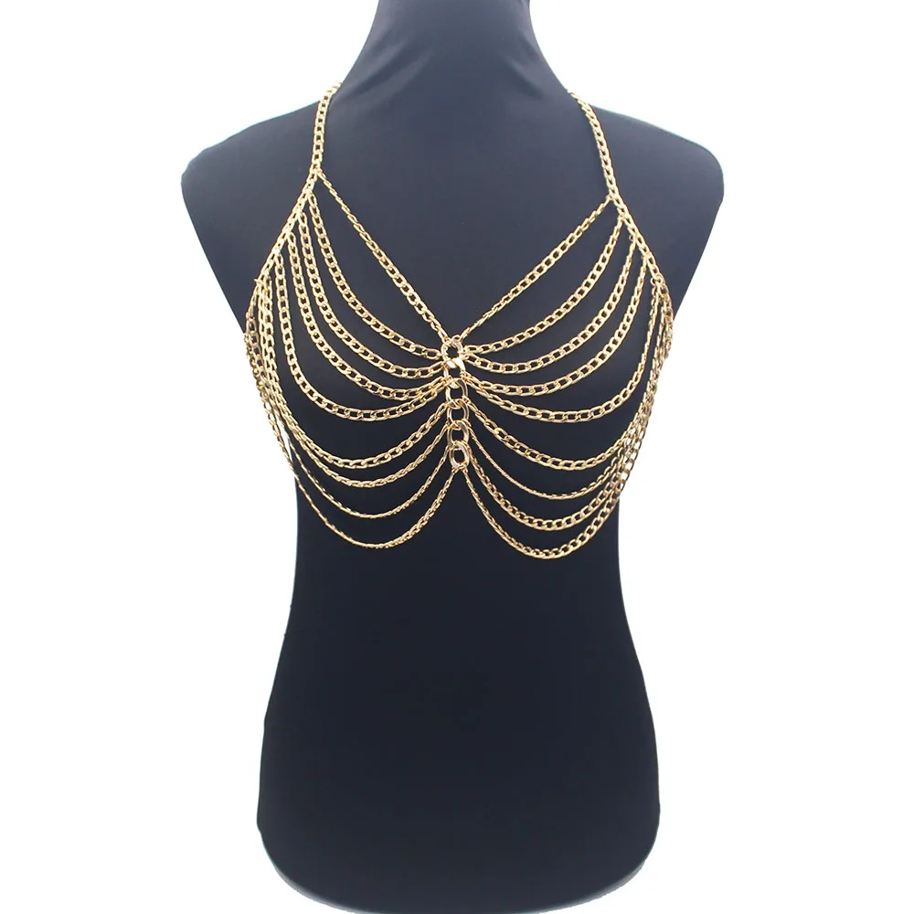 Sexy Bikini Chainmail Tops Harness Bra Body Chest Chain Gold Color Body